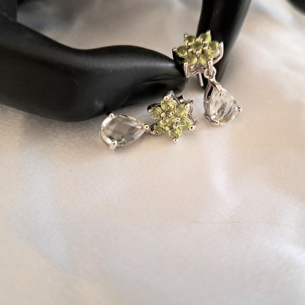 Peridot & Green Amethyst Checkerboard Pear Post Earrings 925